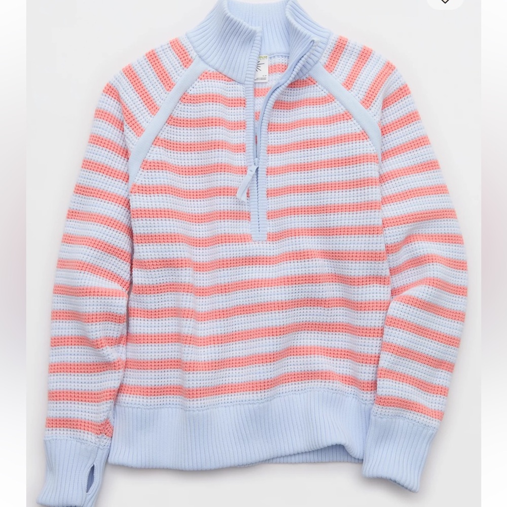🌸LAST CHANCE CLOSET CLOSING🌸 aerie Light Blue and Coral Striped Half-Zip Sweater